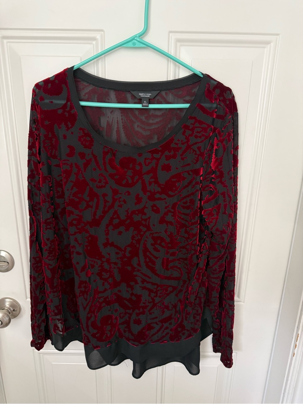 Simply Vera Vera Wang Black Sheer Long-Sleeve Top with Burgundy Burnout Velvet
